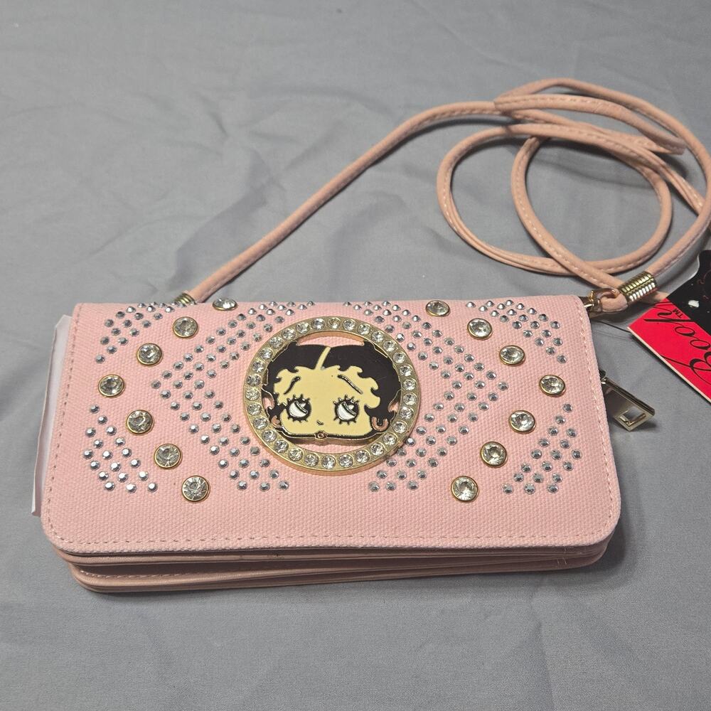 Betty Boop Rhinestone Studded Mauve Canvas Crossbody Trifold Wallet